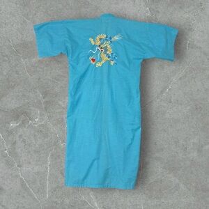 Vintage 60s Dragon Embroidered Turquoise Kimono Women's Robe Medium